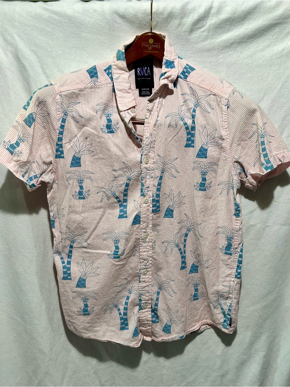 RVCA x Kristen Liu Wong Palm Tree Seersucker Shirt Size S Pink Blue Button Up